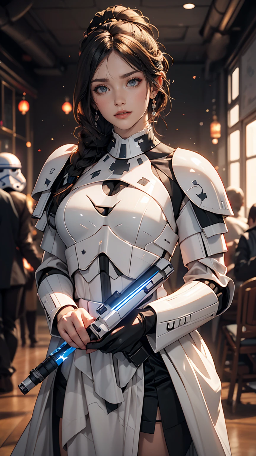 White woman playing a Star Wars Stormtrooper costume、Hold your lightsaber、smile、smile