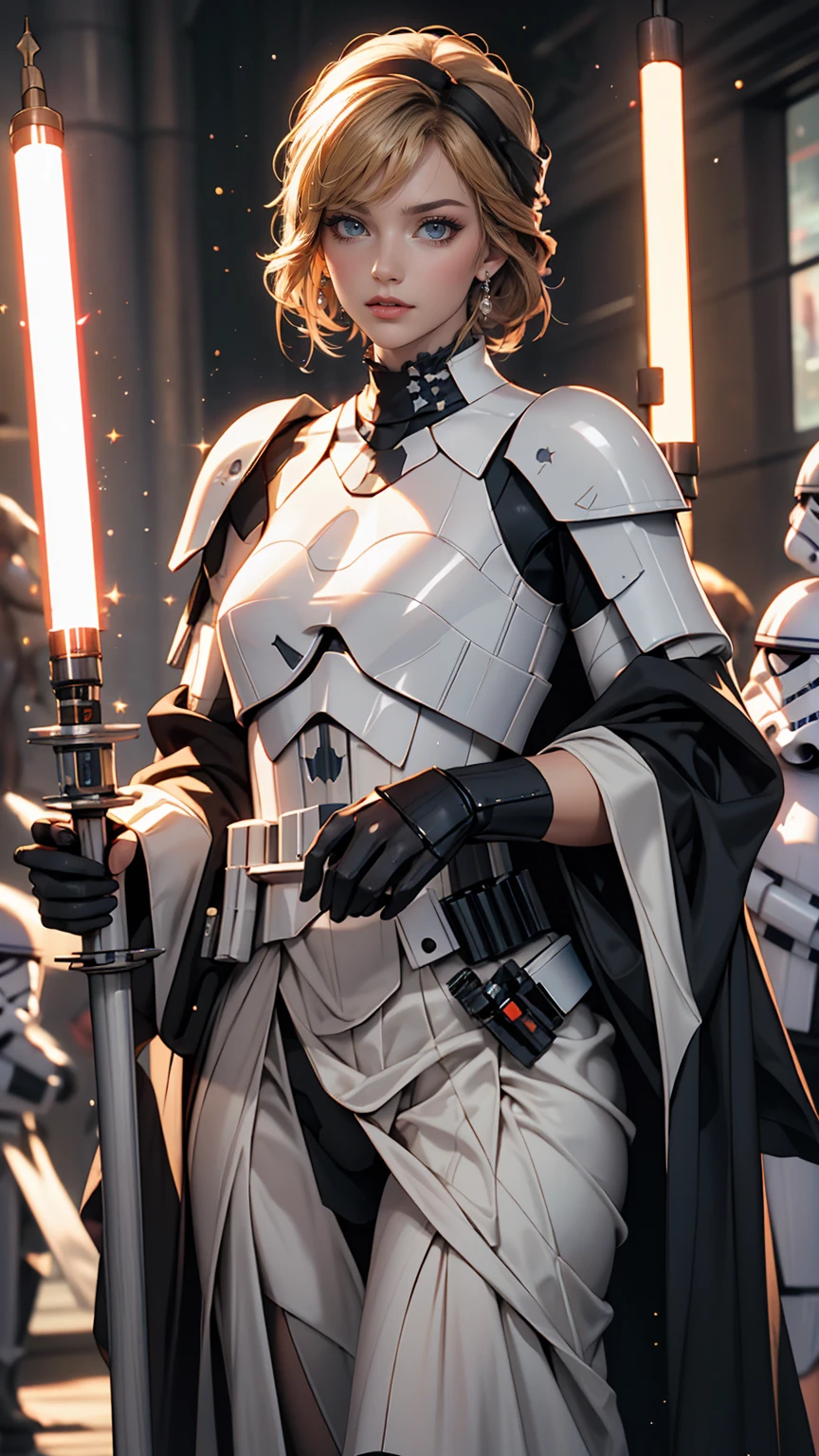 White woman playing a Star Wars Stormtrooper costume、Hold your lightsaber、smile、smile