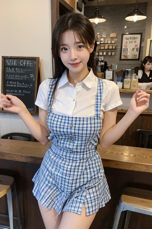 high quality、masterpiece、High sensitivity、One Woman、waitress、white and blue plaid、Thin thighs、Coffee shop