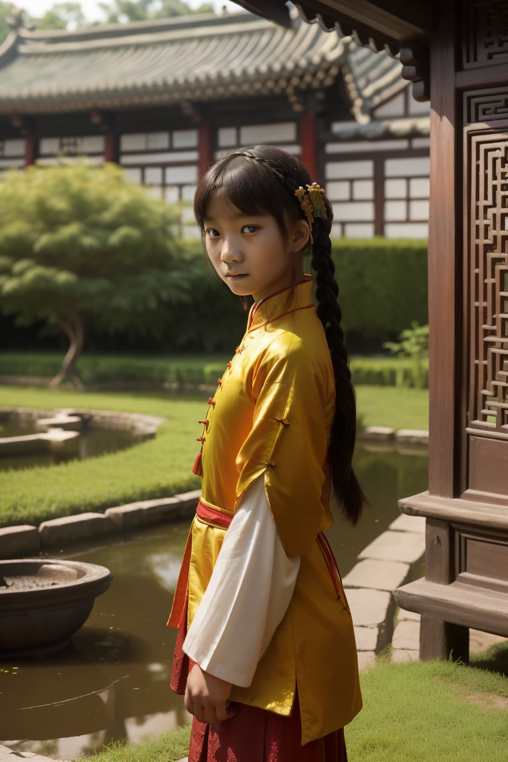 China, 1477. A young ((((-yeld)) Yunxian)), girl, in a garden, next to a pond, (((((horror expression, fear))))), ((((chinese clothings from the 1470s)))), ((hairstyle of the 1470s)), ((colorful, luminous))