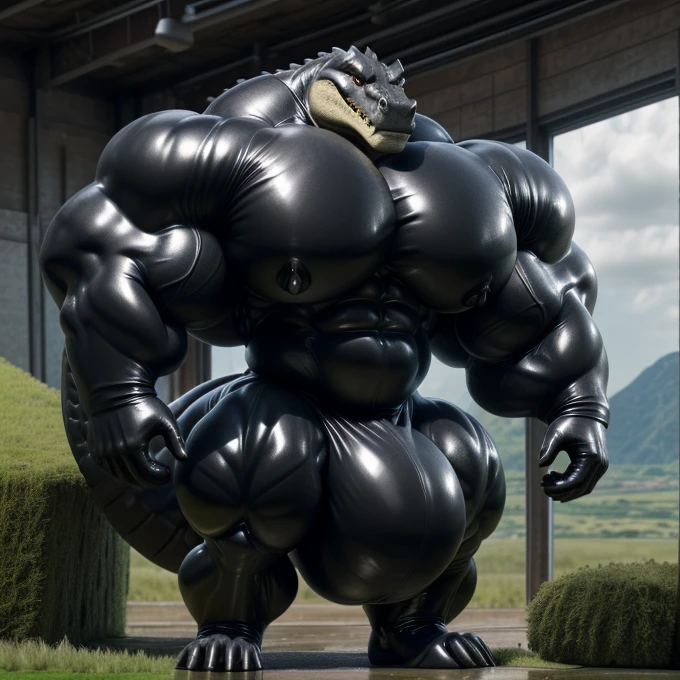 solo, male, , , , (hyper pecs:1.4), (long thick thighs:1.8), standing, indoor,,(,,(,solo,very hyper muscles:1.4)((,Huge bulge:1.2)))), ,(((liquid_latex, , rubber:1.2),,black latex,goo transformation,(gooey)()(l)Crocodile,unreal engine,perfect light,detailed, photorealistic, 4k, hd, , , , good anatomy, , (), ,, high quality, best quality, concept art, photorealistic, octane rende,grassland,diving