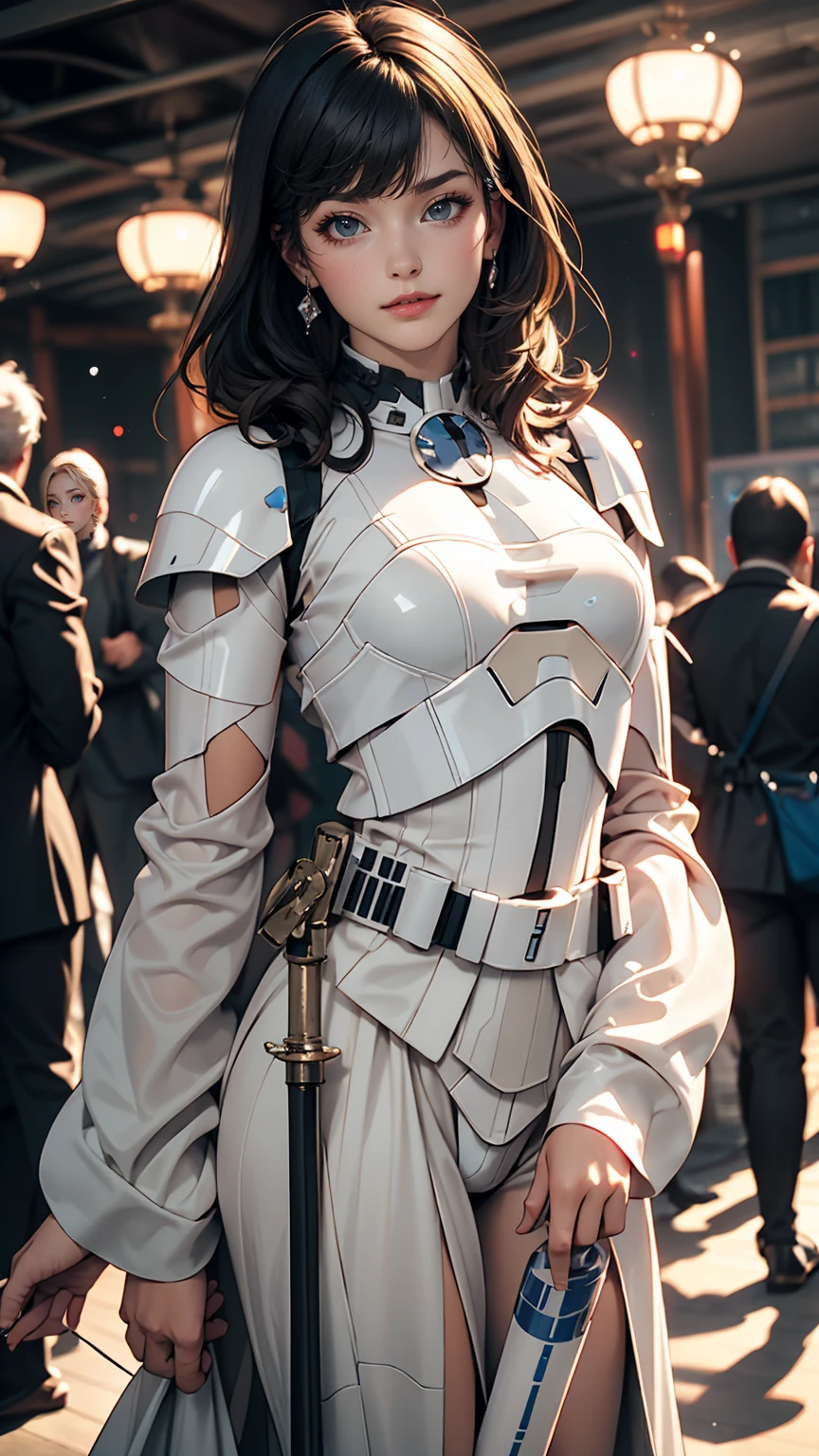 White woman playing a Star Wars Stormtrooper costume、Hold your lightsaber、smile、smile、Comiket photo session