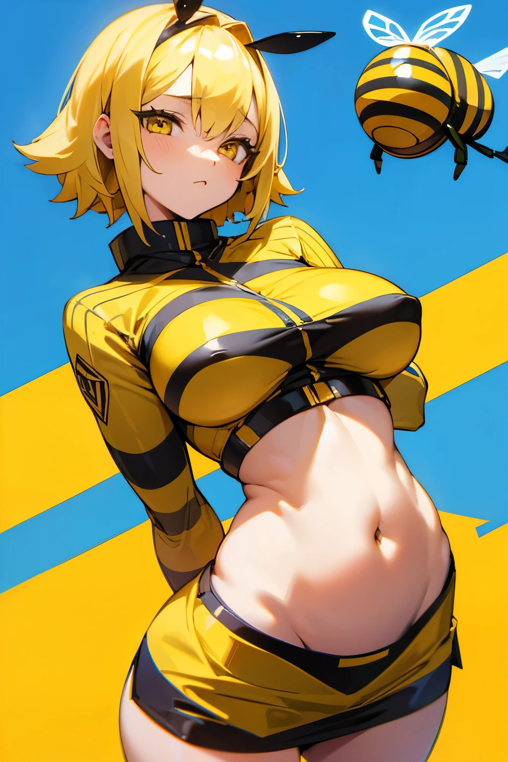 Girl, bee, short yellow hair, yellow eyes, striped bee costume, big breasts, exposed belly, short skirt, blue background 