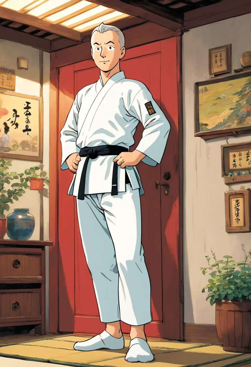 Tintin, 50 years old male wearing white karate suits , slick and neat short gray hair, hand on hips pose, in a tradisional Japanese house, european comics