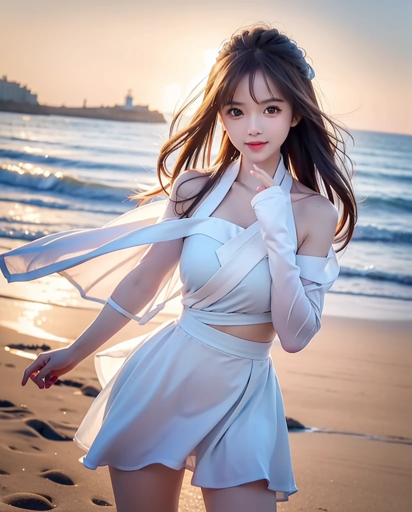 Great view of the coast, 1girl, (Bright Eyes, Tanned skin, carefree expression), Beach Background, lighthouse, Gentle sea breeze, playful gesture, dynamic composition, Golden Hour Lighting, Blurred background, Rich colors, fine details, Surrealism, 50mm lens, Relaxed atmosphere. Portrait Photography, 35 mm film, natural blurry, (The upper body is white and wrapped around the chest, lower body long skirt),  girl, Good fingers, Smile, whole body, Slender legs, young girl body proportions