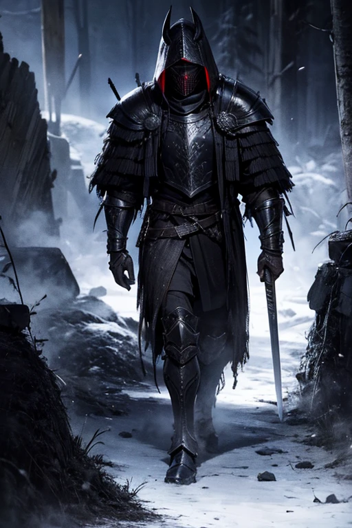 hight quality, masterpiece, 8k, 1 male, warrior, wearing full armor, long coat, wearing skull mask, dark, growing white eyes, standing in the dark, sword, blood, in the dark palace, dark fantasy, 