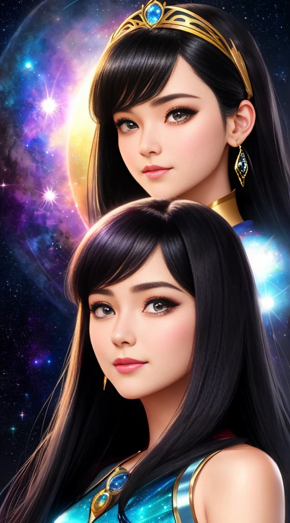 ChromaV5:1.6、Enwink Punk、style、Close-up portrait of beautiful queen of galaxy in galactic costume、A black-haired one、Smiling and facing forward、Studio Photos、Beautiful face、beautiful round eyes、Artwork by Greg Rutkowski、Concept Art、Popular content on Art Station、Cute round reflective eyes、Pixar Rendering、Unreal Engine brings smooth、Intricate details、Gentle gaze、disney character、 Pixar Characters、Pixar Animation