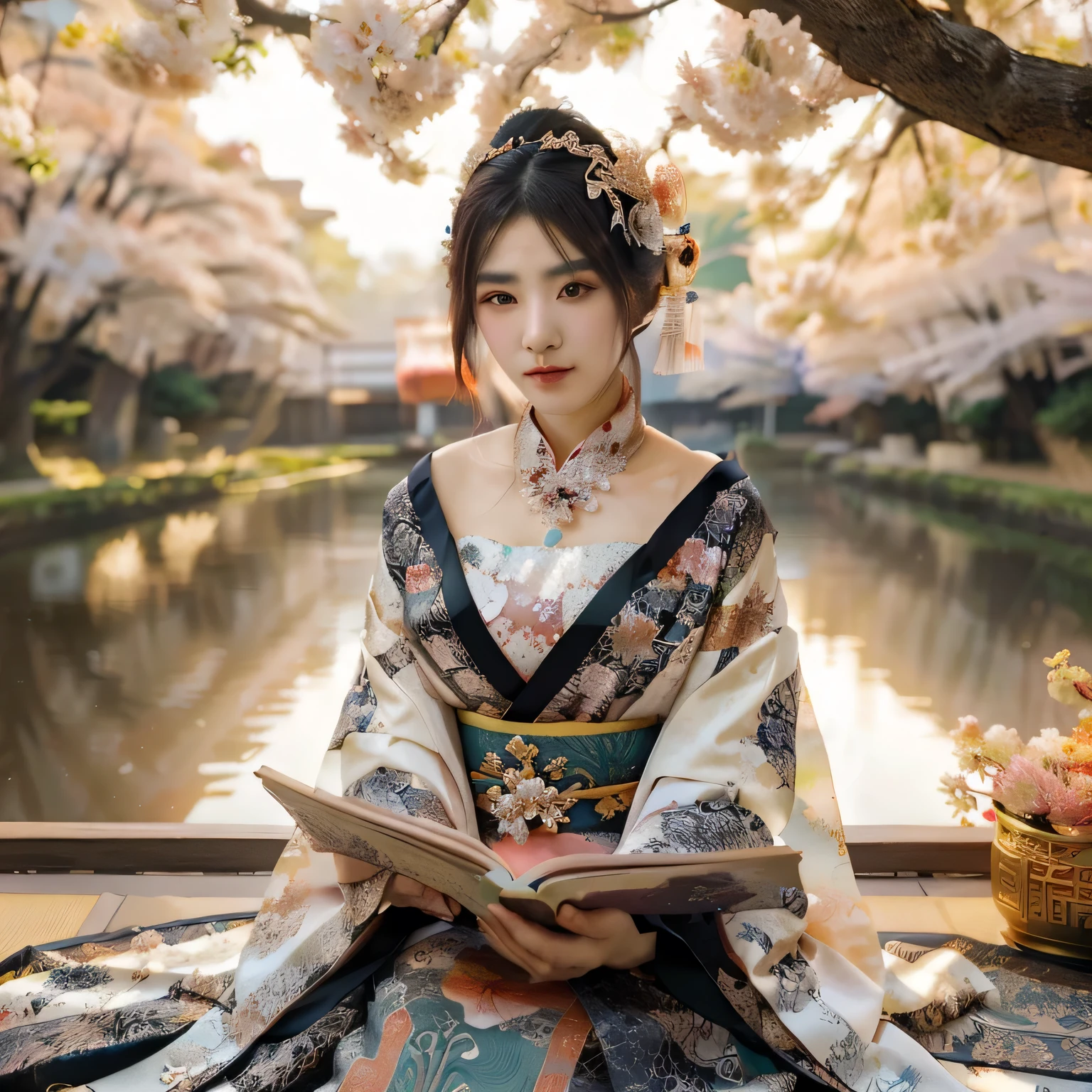araffe woman in a kimono dress reading a book, elegant japanese woman, a beautiful fantasy empress, japanese goddess, palace , a girl in hanfu, ((a beautiful fantasy empress)), beautiful oriental woman, traditional beauty, ancient chinese princess, beautiful asian girl, japanese woman, asian girl, hanfu, chinese princess, japanese fantasy, chinese girl