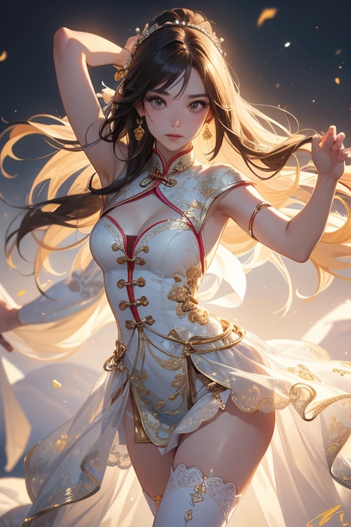 Natural Light, (Best Quality, highly detailed, Masterpiece), ((wide shot)), (Fantasy aesthetic style), (realistic light and shadow), (real and delicate background), (beautiful and detailed eyes), (realistic detailed skin texture), (detailed hair), (full-length shot), ((be reast)), Chinese mansion, Chinese garden, Outdoor, vibrant color, Draw a female Dancer, Chinese style, perfect face, beautiful and Pleasure, with long straight brown hair dancing in the air, wearing gorgeous hair accessories, (See-through White cheongsam), cleavage cutout, complemented by intricately designed lace thighhighs, with a slim figure and slender legs, ((brightly light environment)), ((dance stance)), ,more_details:-1, more_details:0, more_details:0.5, more_details:1, more_details:1.5,nardack