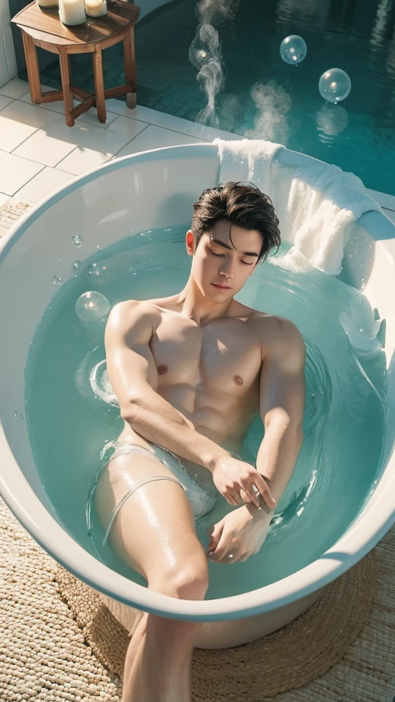 A serene scene of relaxation on a beautiful Monday off, a man reclines in a bathtub filled with steaming bubbles, candles flickering around, the only sound being the gentle dripping of water, the room adorned with soft pastel colors, a warm and cozy aroma filling the air, a sense of tranquility and peace, a day off worthy of a masterpiece, hyper-realistic depiction, mindful brush strokes, textured water droplets, soft focus, vivid colors, artstation, deviantart, dribbble, redbubble, teepublic, seamless composition, detailed shading, isometric perspective, 8k resolution.
