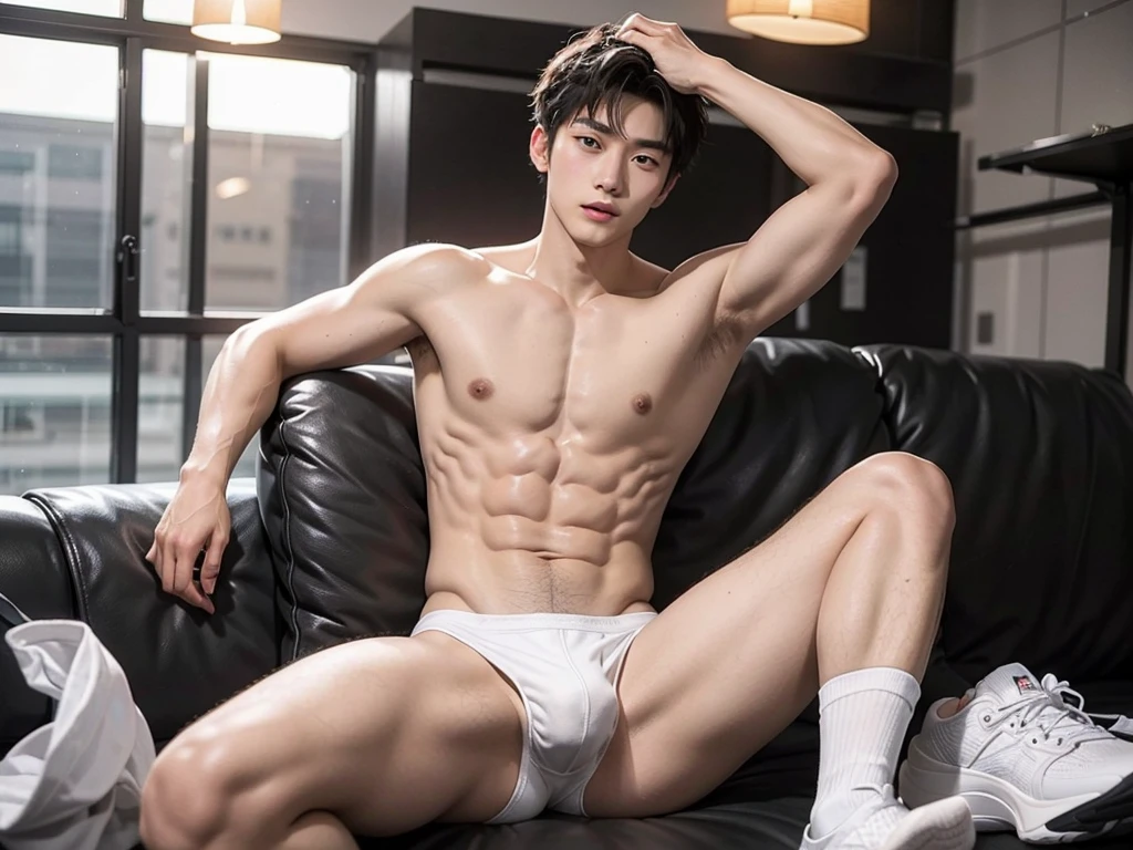 Chinese boy sports student with abs, black hair, white sports socks, handsome guy with sexy triangle bulge, shirtless, wearing sexy bikini, lifted arms, spread legs, sitting