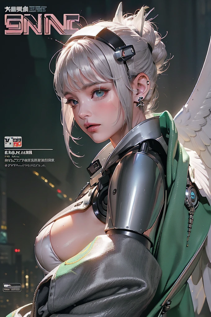 masterpiece, (best quality), (Extremely detailed), (Surreal:1.2), landscape, Science Fiction, Transistor Punk, Cyberpunk, biopunk, (magazine cover:1.4), (grey, White), female giant robot, Sun Visor, earrings, mechanical Angel Wings on the back, Angel Wings, Future Castle, Dynamic poses, Dynamic angle, Small Breasts, Luxury, (Kaneko, silver, green), neon