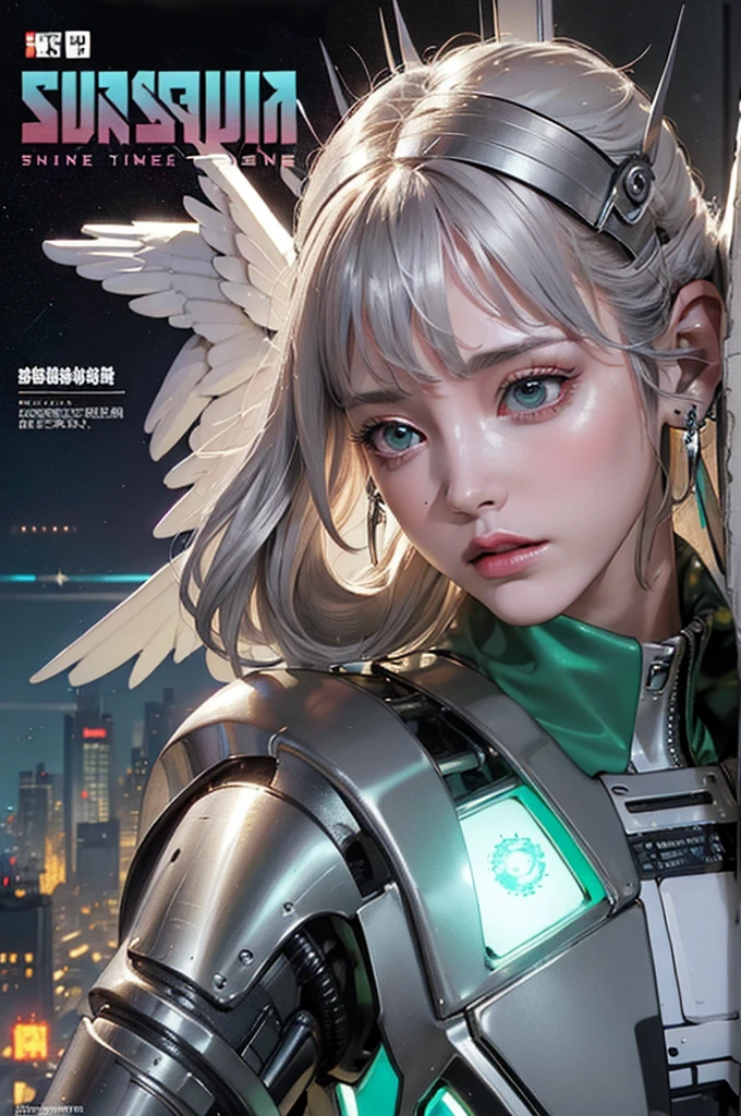masterpiece, (best quality), (Extremely detailed), (Surreal:1.2), landscape, Science Fiction, Transistor Punk, Cyberpunk, biopunk, (magazine cover:1.4), (grey, White), female giant robot, Sun Visor, earrings, mechanical Angel Wings on the back, Angel Wings, Future Castle, Dynamic poses, Dynamic angle, Small Breasts, Luxury, (Kaneko, silver, green), neon