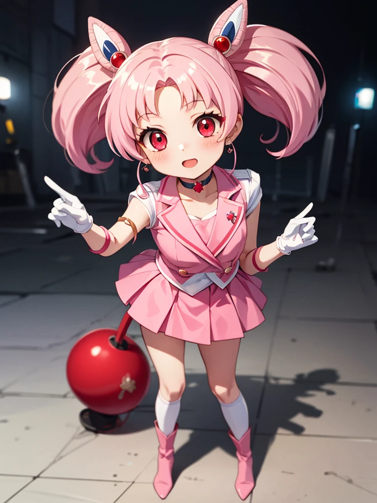 masterpiece, best quality, 1 girl, solo, 8 years old,, chibi usa, 1girl, hairpin, pink hair, white gloves, pink skirt, miniskirt, red eyes, chocker, red ribbone,jewelry, chibi usa, game cg, full body,  uniform