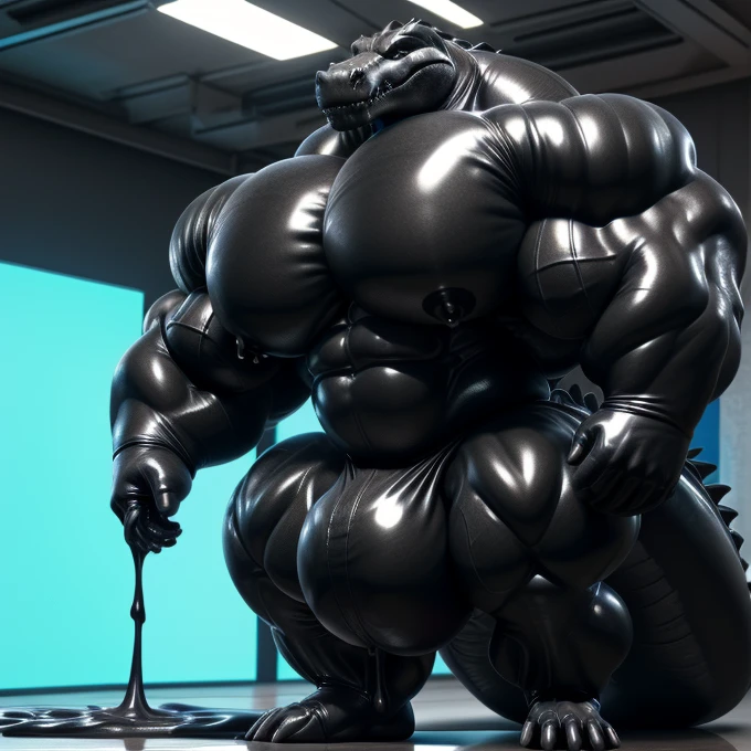 solo, male, , , , (hyper pecs:1.4), (long thick thighs:1.8), standing, indoor,,(,,(,solo,very hyper muscles:1.4)((,Huge bulge:1.2)))), ,(((liquid_latex, , rubber:1.2),,black latex,goo transformation,(gooey)()(l)Crocodile,unreal engine,perfect light,detailed, photorealistic, 4k, hd, , , , good anatomy, , (), ,, high quality, best quality, concept art, photorealistic, octane rende,