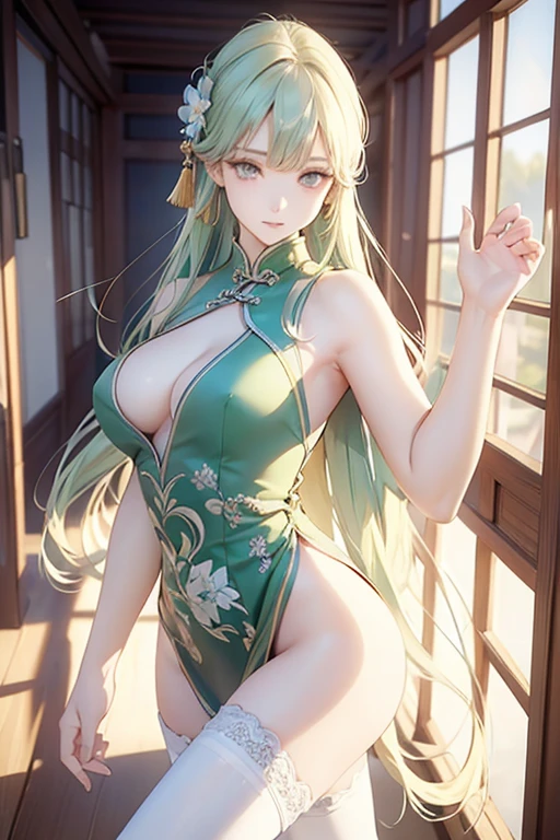 Natural Light, (Best Quality, highly detailed, Masterpiece), ((wide shot)), (Fantasy aesthetic style), (realistic light and shadow), (real and delicate background), (beautiful and detailed eyes), (realistic detailed skin texture), (detailed hair), (full-length shot), ((be reast)), Chinese mansion, Chinese garden, Outdoor, vibrant color, Draw a female Dancer, Chinese style, perfect face, beautiful and Pleasure, with long straight green hair dancing in the air, wearing gorgeous hair accessories, (See-through orange cheongsam), cleavage cutout, complemented by intricately designed lace thighhighs, with a slim figure and slender legs, ((brightly light environment)), ((dance stance)), ,more_details:-1, more_details:0, more_details:0.5, more_details:1, more_details:1.5,nardack