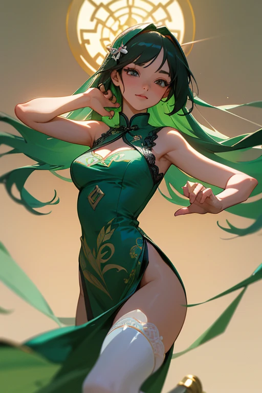 Natural Light, (Best Quality, highly detailed, Masterpiece), ((wide shot)), (Fantasy aesthetic style), (realistic light and shadow), (real and delicate background), (beautiful and detailed eyes), (realistic detailed skin texture), (detailed hair), (full-length shot), ((be reast)), Chinese mansion, Chinese garden, Outdoor, vibrant color, Draw a female Dancer, Chinese style, perfect face, beautiful and Pleasure, with long straight green hair dancing in the air, wearing gorgeous hair accessories, (See-through orange cheongsam), cleavage cutout, complemented by intricately designed lace thighhighs, with a slim figure and slender legs, ((brightly light environment)), ((dance stance)), ,more_details:-1, more_details:0, more_details:0.5, more_details:1, more_details:1.5,nardack