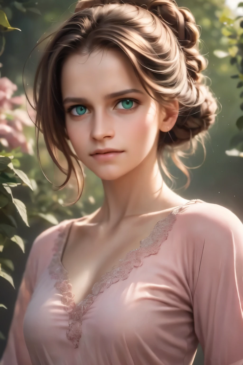 8K, Best Quality, Masterpiece, Ultra High Resolution, (Realism: 1.4), Original Photo, (Realistic Skin Texture: 1.3), (Film Grain: 1.3), (Selfie Angle), 1 Girl, Pink Clothes, dark green Color Eyes and Beautiful Face Details, Masterpiece, Best Quality, Close Up, Upper Body