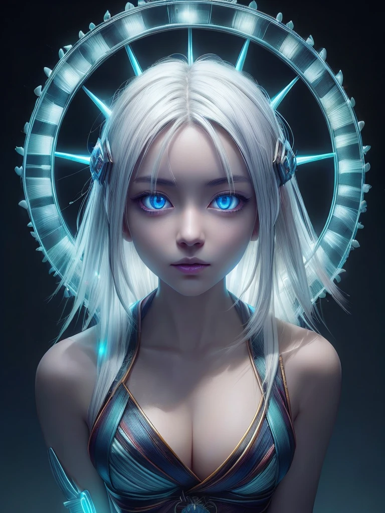 ((Upper Body)), best quality, masterpiece, a japanese woman ((Glowing white hair)), ((Detailed pearly blue eyes)), High Detail Goddess Soul, Focus on character, Solitary, (Style Swirl Magic), Solitary, From the front, Front view, looking at the audience, Delicate face, ((Glowing Lighting Magic Circle Theme)), perched on a ledge, Skinny neon body, Light streaks, Dark Abyss Wanderer Summary, ((Simple Glowing Neon Robe)), Carved with mysterious runes, Outdoor dystopian background,