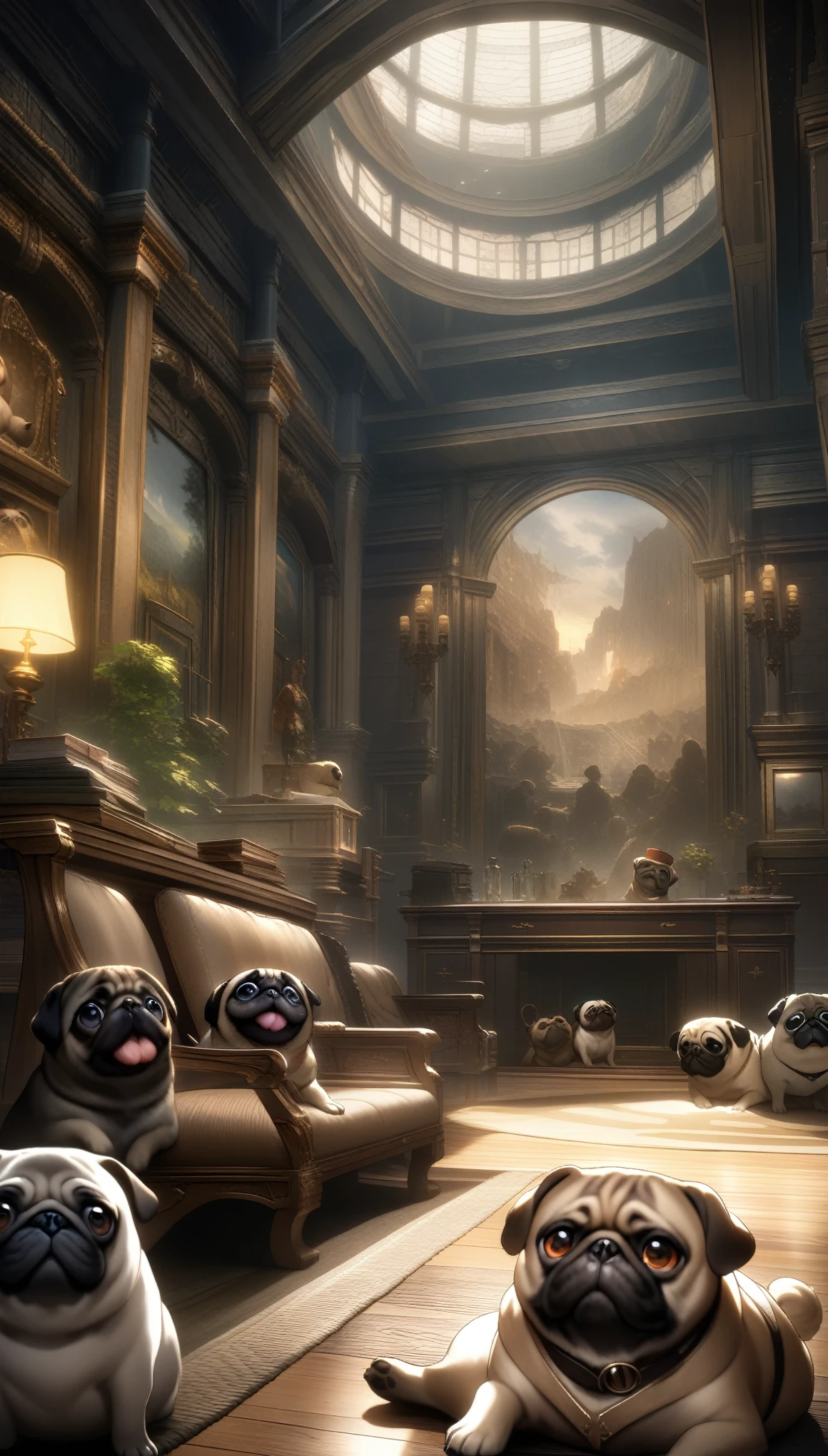 32k, best quality, ultra high res, HDR, UHD, extremely detailed CG, unity 32k wallpaper, Pug, There are a lot of them, Indoor room background, 