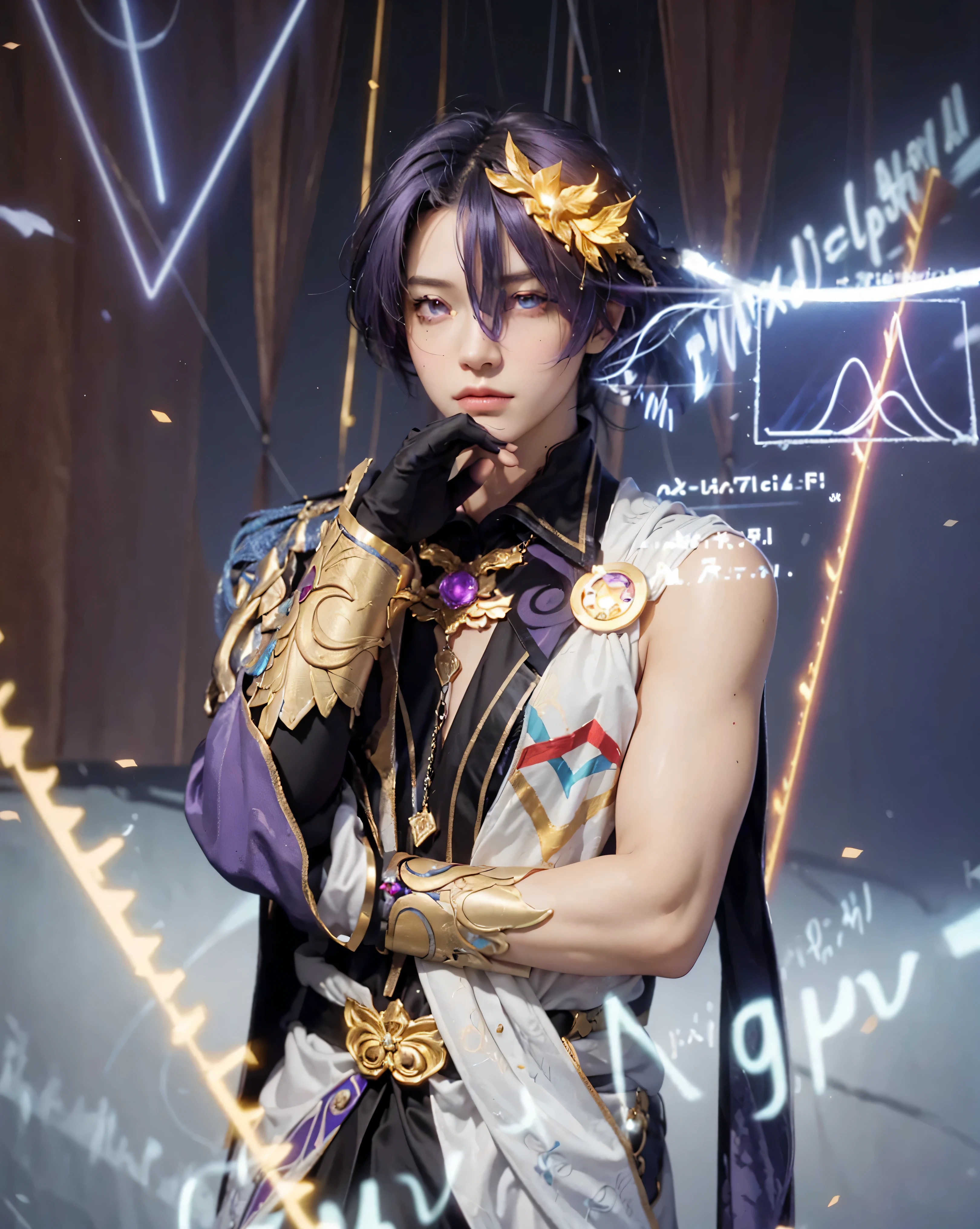((Dr.RATIO_HONKAI STAR RAIL)),((realistic, photorealistic)),(highlight hair)), Light reflection, (( HD )),((upper body)), (((best quality, masterpiece))), (masterpiece) (best quality) (detail) (8k) (HDR) (wallpaper) (cinematic lighting) (sharp focuasterpiece, best quality: 1.1), Real life adaption of this character,Handsome man , Shining green eyes, realistic outfit, realistic shadow, realistic light, realism, hyper realistic, realistic background,Realistic hair, realistic hair at the back,(photorealistic:1.2), 1man,Black and blue gradient background, mathematical formula writing on the background, floating cloak, glow effect, red eyes, handsome man, Custom details, clothing accessories, shiny gold rings, gloves,Purple-black hair, glowing magic circle,Floating stones, lines of light, motion blur,Light effects, mathematical formula numbers,Purple hair, gold leaf head accessories