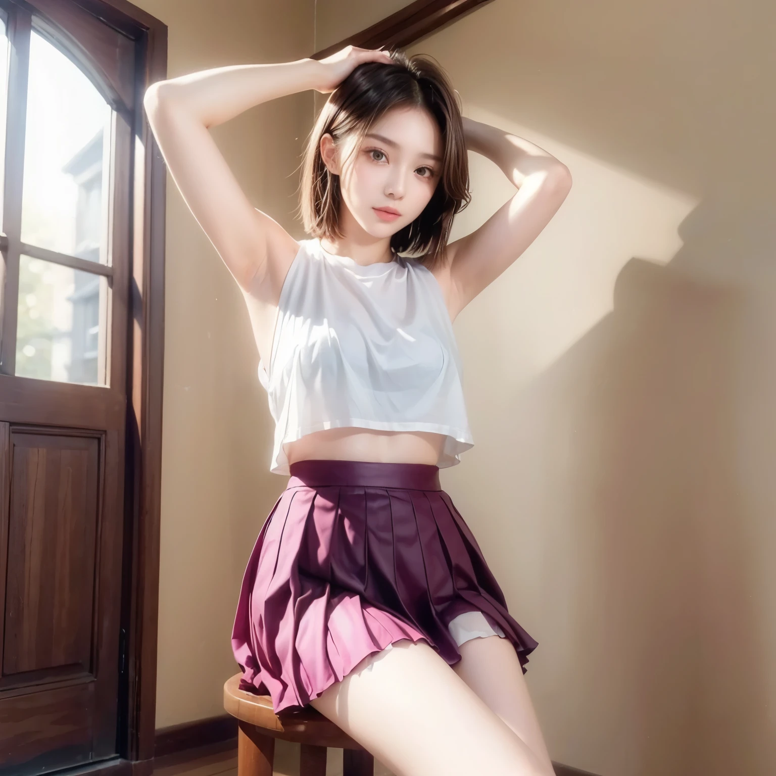 (highest quality, High resolution, masterpiece :1.3), Beautiful girl,((arms up behind)),Short Bob, Blushing,firm breasts,No makeup,((Transparent and shining costume with pleated skirt)),sitting,From the side
