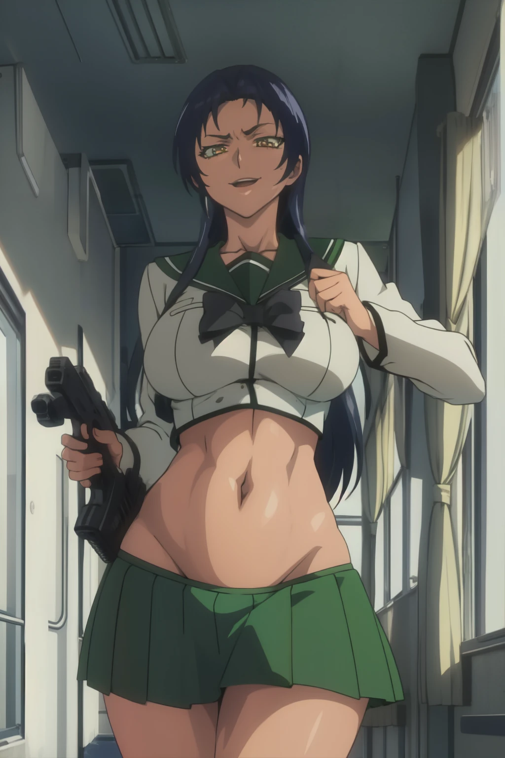 , digital art,
KozonoNami, 1girl,  solo, standing,  smirk, anime art,digital anime art,
yellow eyes, long hair, black hair,  zettai ryouiki, mouth open and tongue out,
curvy, large breasts,  masterpiece, best quality, highly detailed, a anime girls in sailor uniforms with a gun posing for a picture,
evil smile, smile, open mouth,black_serafuku, ecchi anime style, anime girls , 
ecchi style, ecchi, shipgirls, digital anime art!!, high school girls, holding a gun, hold a gun, anime style 4
k, micro skirt, exposed belly, exposed navel, exposed midriff,
exposed lower belly,school, classroom, 