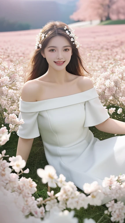 Best quality, masterpiece, ultra high res, (photorealistic:1.4), raw photo, 1girl, white dress, off shoulder, blossom flower field, glowing skin, light smile