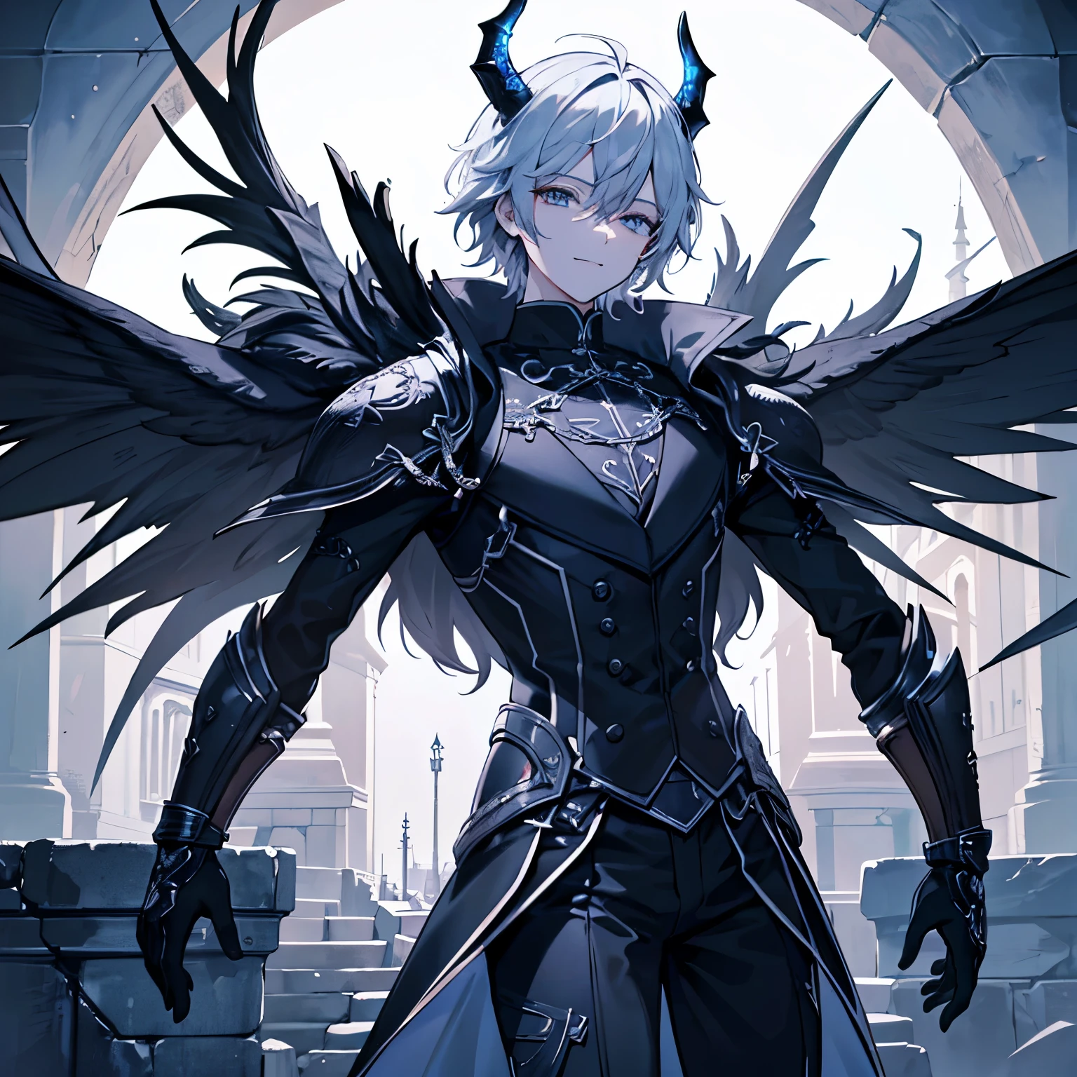 Detailed cool guy alone,Shortcuts (Wearing bones (Translucent and intricately embroidered) 、Black-eyed smile, Wearing strange futuristic fashion,Has two demonic black horns and wings.、 Luxurious and complex suit, , Exquisitely crafted, Created, Scrupulous, Maximum details, Extremely beautiful,Hands on hips)(View your viewers:1.2) , (8k, 最high quality 1.2), Very detailed, 8K Ultra HD, Soft lighting, high quality, Film Grain, Beautiful lighting, Cinematic ,Perfect body , Best lighting, Best Shadow, Sharpness, Contrast, Messy Hair, Tactical Vest, gloves,