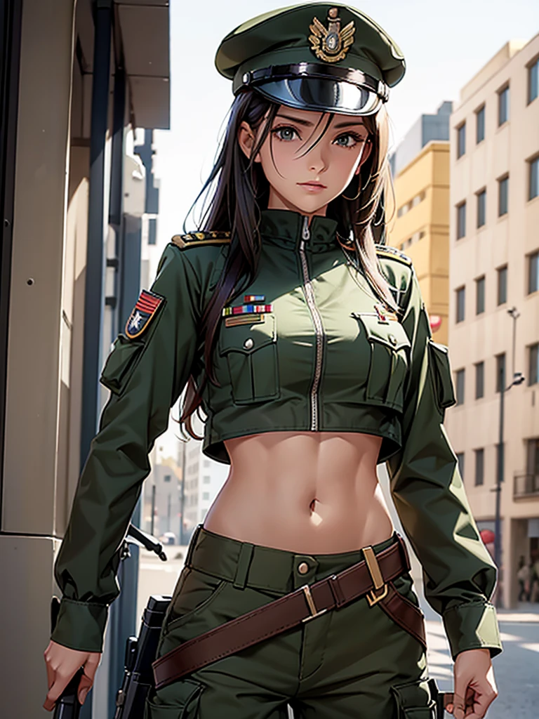 Women in crop top soldier uniform, soldier hat, medal on the chest, exposed abdomen area, very low waist cargo pants, navel, 45 years-old, high ranking , ((facing 0°))