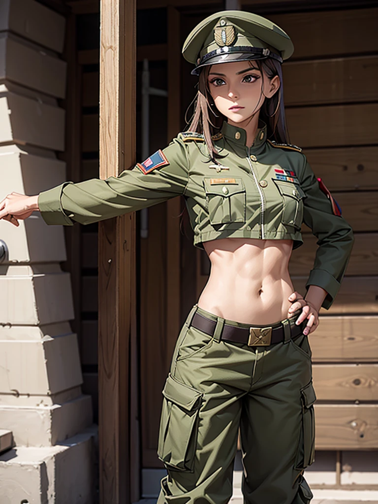 Women in crop top soldier uniform, soldier hat, medal on the chest, exposed abdomen area, very low waist cargo pants, navel, 45 years-old, high ranking , ((facing 0°))
