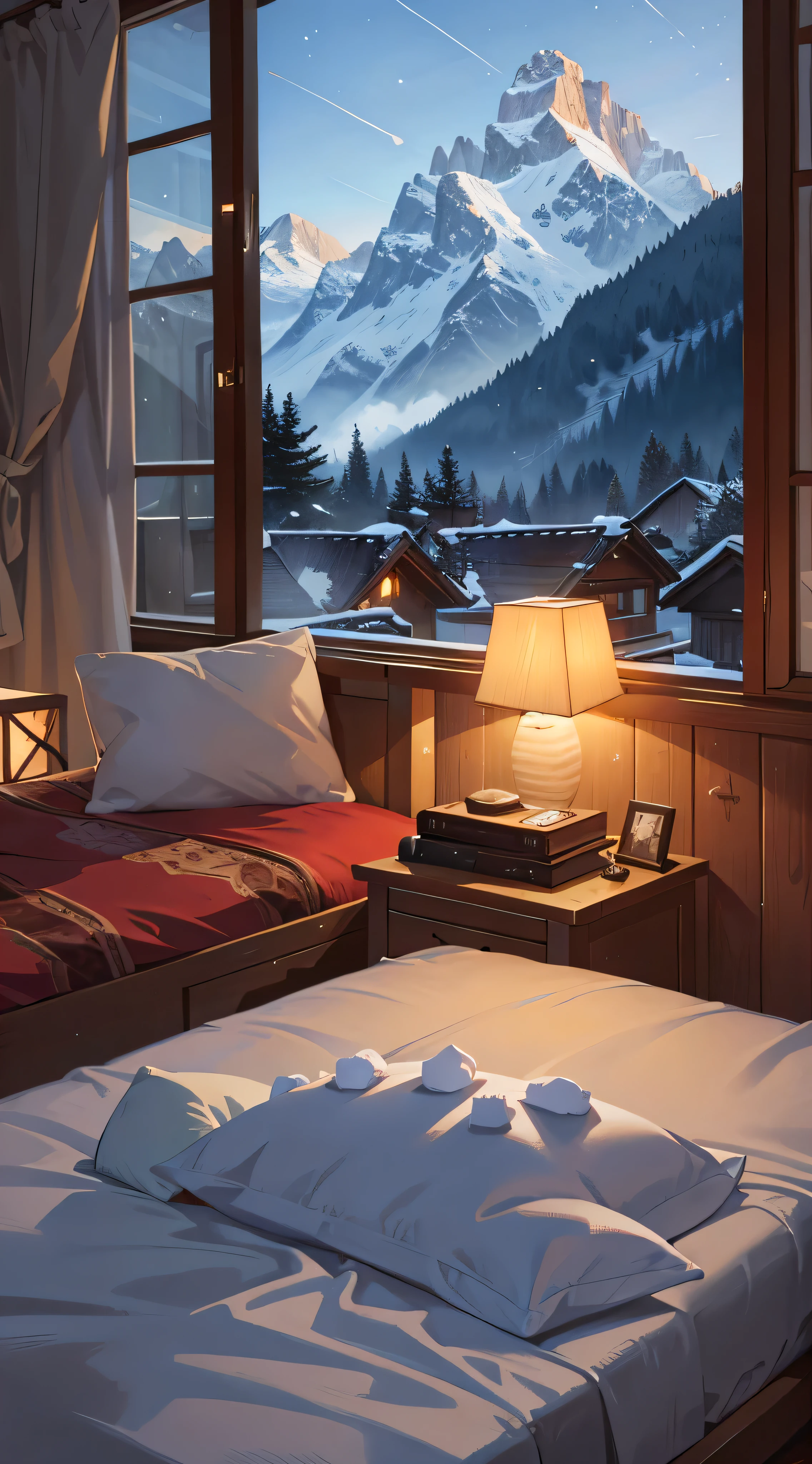 There lies a bed within a log cabin nestled beneath the majestic Alps, a charming Comfortable room that exudes an inviting and cozy atmosphere. The room is a picture of comfort, peace, and tranquility, the warmth of the hearth complementing the cool alpine air.

A serene scene unfolds as snow gently blankets the surrounding landscape, the twinkling of distant stars mirrored in the windowpanes. The ambiance is further enriched by the soft glow of a TV placed atop the bed, casting a gentle light that dances upon the comfortable, calm, and cozy atmosphere.

This Comfortable and peaceful scene, reminiscent of