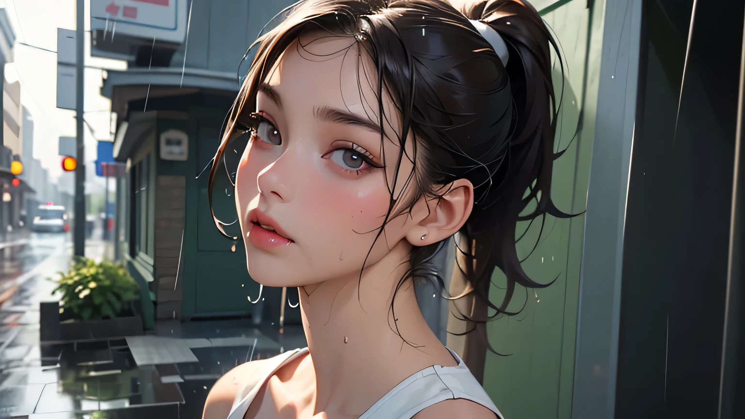 (Masterpiece, Best Quality, 8K Wallpaper, High Resolution, Ultra Real), Solo Girl, Alone, Ponytail, Pretty, Big Eyes, Detailed Nose, Mouth Detail, , Dark Eyes, (Top Quality, 4K , 1 girl, sexy :1.1, dark brown hair: 1.1, (wet from the rain, wet from the rain, wet body :1.2), white tank top, very detailed face, detailed lips , fine eyes, double eyelids, outdoor street corner
