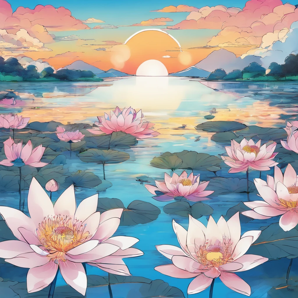 Best quality animated scene scenery no people blue sky lotus clouds