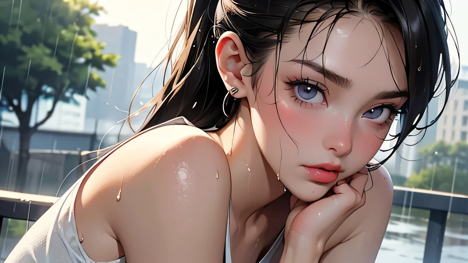 (Masterpiece, Best Quality, 8K Wallpaper, High Resolution, Ultra Real), Solo Girl, Alone, Ponytail, Pretty, Big Eyes, Detailed Nose, Mouth Detail, , Dark Eyes, (Top Quality, 4K , 1 girl, sexy :1.1, dark brown hair: 1.1, (wet from the rain, wet from the rain, wet body :1.2), white tank top, very detailed face, detailed lips , fine eyes, double eyelids, outdoor street corner