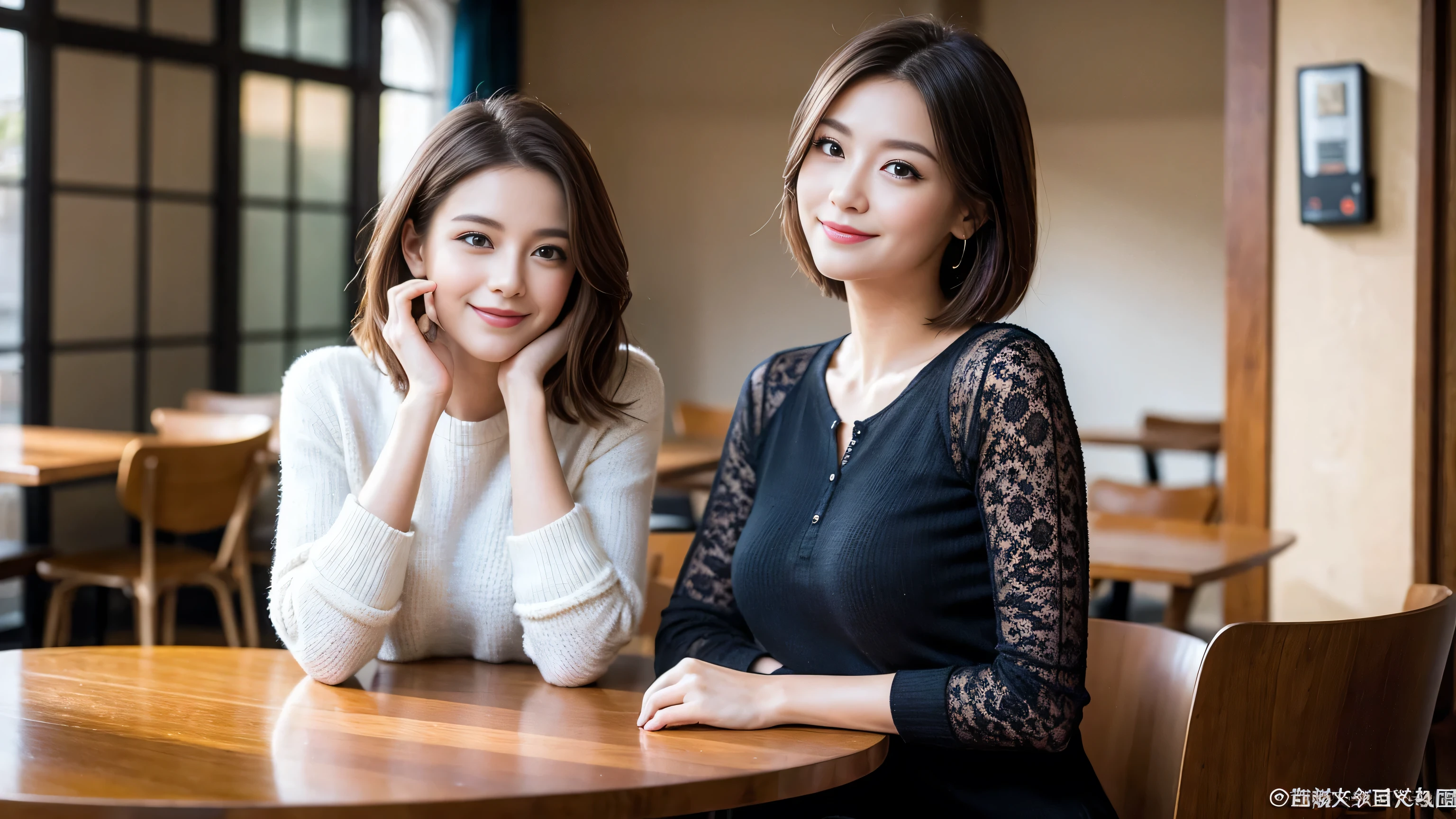 (highest quality、8k、masterpiece:1.3)、Beautiful woman with perfect figure:1.4、Dark brown hair、Knit dress、Highly detailed face and skin、Detailed eyes、double eyelid、Huge Mile、30th Generation、Sex Appeal、Wine glass on the table、Shine light on your face、 Amazing view of the sunset sky and clouds、Amazing mountain views、A bright smile、A lovely woman with a smile、Bright image、The beauty of wine, Beautiful Face, blue eyes, The light shines on your face, Blushing, short hair,Bright Face、Fox face、 (43 years old), 39 years old, Lady、red wine 、Appetizers、Italian food、Wine bottle、Champagne、sparkling wine、Two beauties、Brown Hair、Shortcuts、Long sleeve shirt、dress、Pretty Woman 1, (Slim face), (The body is slim), (Brown Hair), (Shortcuts), cheeks turn a little red,Attractive beauty、, Out of the window, A beautiful and detailed night view unfolds.........., restaurant, In a prominent place (From the waist up) Nova Frog Style, actress, model, Upper Body, White wine, slim, wine glass, Wine glass placed in the center, smile, (smile: 1.15), Beautiful fine grain, Depth f/2,saturation, High Contrast, Strong light and shadow,Moist Body:1.5、3D texture、Delicate eyes、Brown Hair、The hair is very shiny、