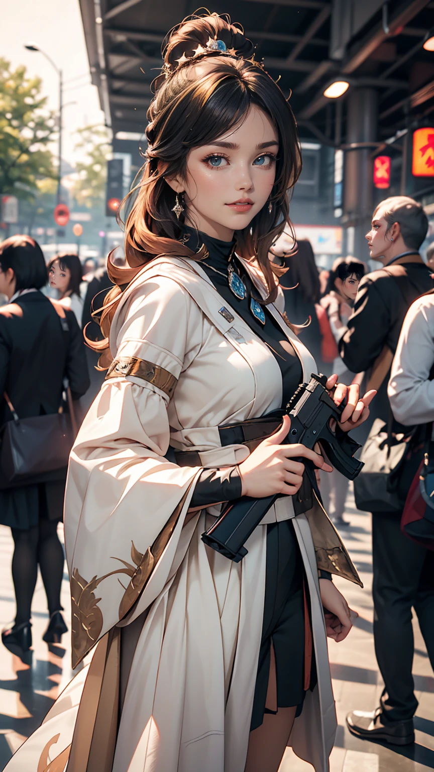 A white woman playing a costume of the Star Wars princess、Hold your blaster pistol in style、smile、smile、Comiket photo session