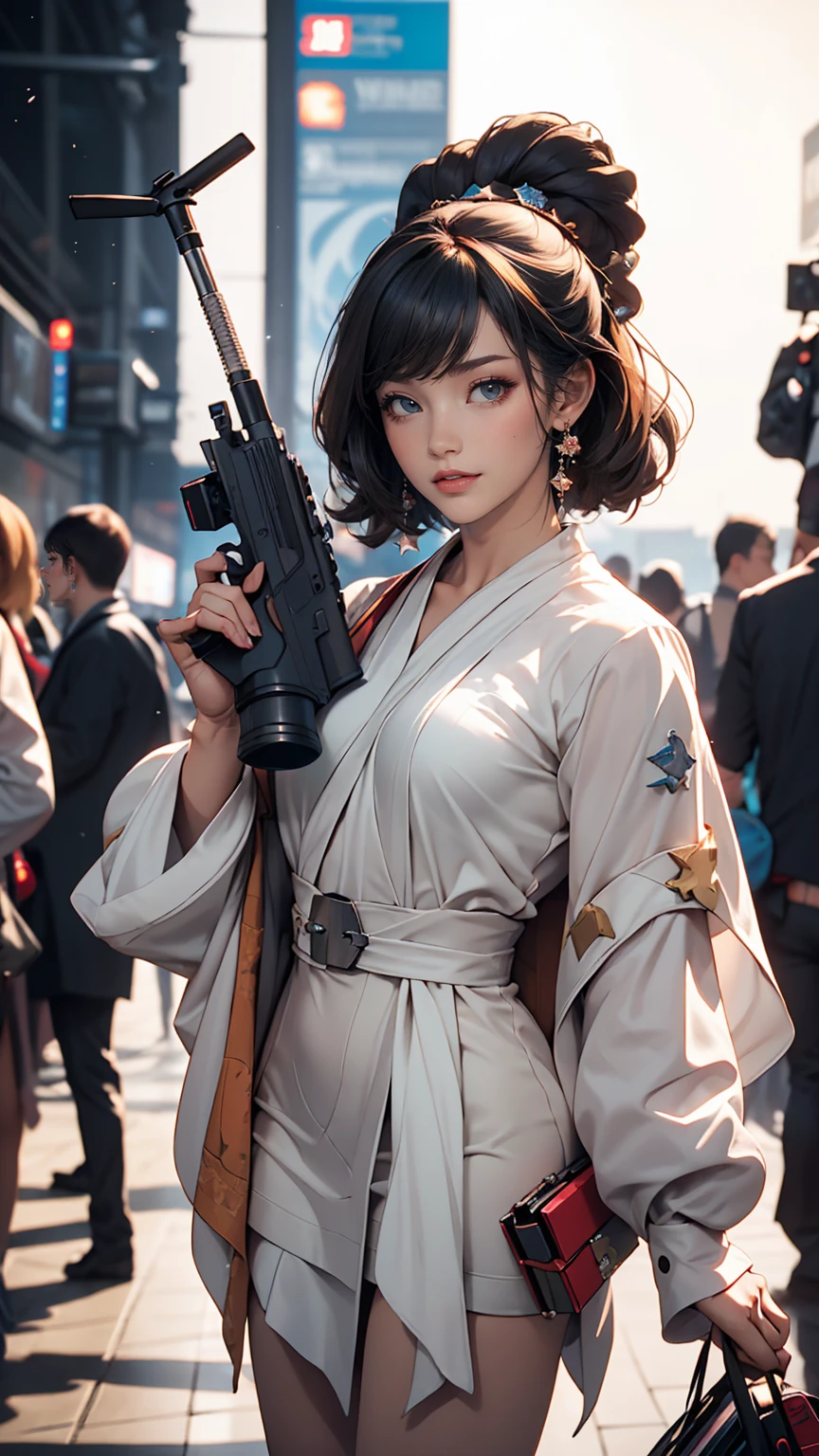 A white woman playing a costume of the Star Wars princess、Hold your blaster pistol in style、smile、smile、Comiket photo session