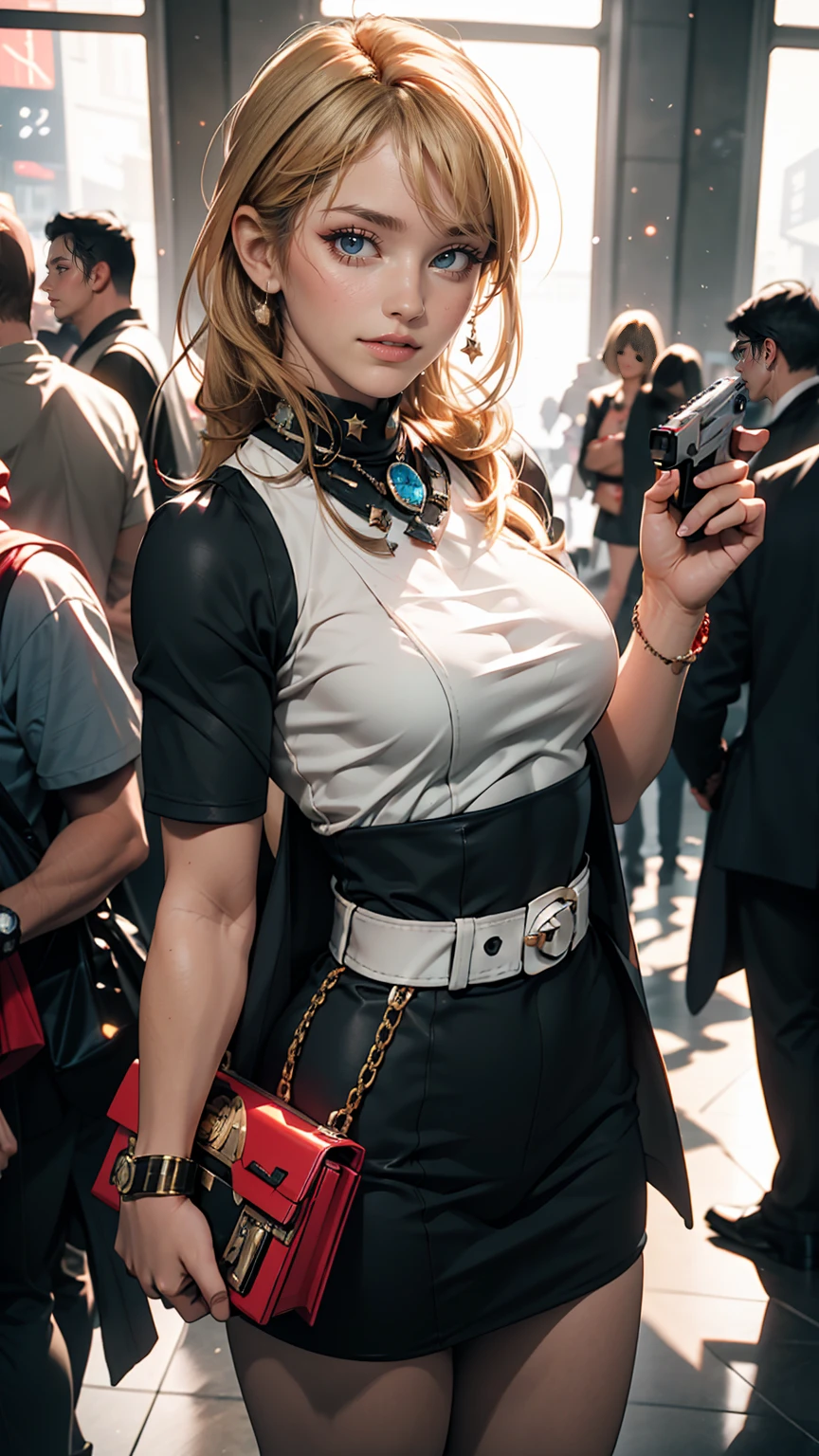 A white woman playing a costume of the Star Wars princess、Hold your blaster pistol in style、smile、smile、Comiket photo session