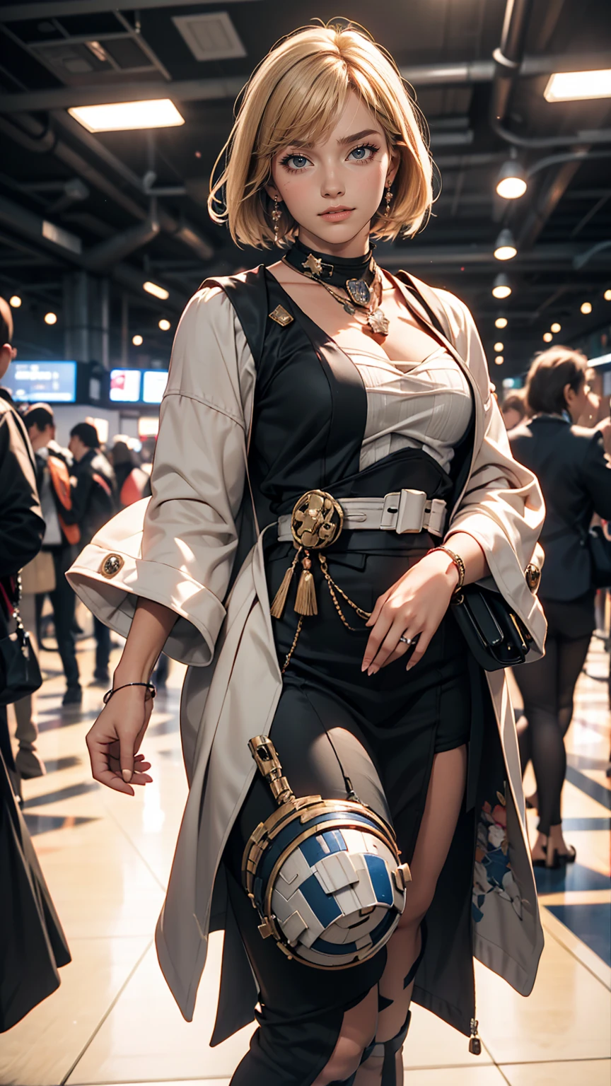 A white woman playing a costume of the Star Wars princess、Hold your blaster pistol in style、smile、smile、Comiket photo session