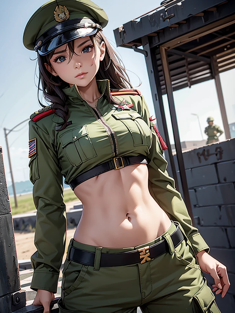 
Women in crop top soldier uniform, soldier hat, medal on the chest,  exposed abdomen area, very low waist cargo pants, navel, 45 years-old, high ranking , ((facing 0°)), fat
