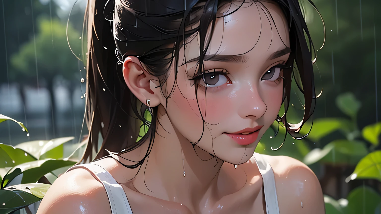 (Masterpiece, Top Quality, 8k Wallpaper, High Resolution, Ultra Realistic), Solo Girl, Alone, Ponytail, 20 Years Old, Pretty Female, D Cup, Cleavage, Big Eyes, Detailed Nose, Mouth Detail , , black eyes,(best quality, 4K, 1 girl, sexy :1.1, dark brown hair: 1.1, (wet from the rain, wet in the rain, wet body :1.2), white tank top, Very detailed face, smile, detailed lips, fine eyes, double eyelids, soaking wet, pouring rain, outdoor park, upper body, underwear visible