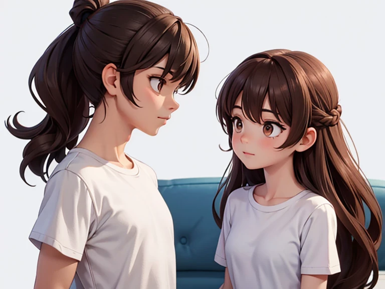 Two characters in a scene(absolutely identical twins brother and sister), The first character is a handsome effeminate boy with semi-long brown hair tied in a ponytail., White T-shirt, Brown eyes, and the second character is a girl with aesthetic small breasts with very tousled shaggy semi-long brown hair, hair between the eyes, Brown eyes, beautiful face, dressed in a white silk translucent T-shirt over a naked body, talk to each other,White background, стиль мультфильма Disney Pixar