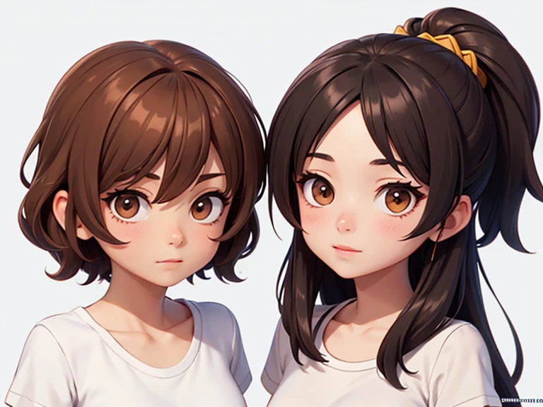 Two characters in a scene(absolutely identical twins brother and sister), The first character is a handsome effeminate boy with semi-long brown hair tied in a ponytail., White T-shirt, Brown eyes, and the second character is a girl with aesthetic small breasts with very tousled shaggy semi-long brown hair, hair between the eyes, Brown eyes, beautiful face, dressed in a white silk translucent T-shirt over a naked body, talk to each other,White background, стиль мультфильма Disney Pixar