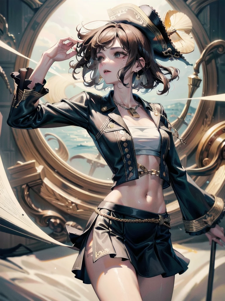 absurdres, RAW photo, extremely delicate and beautiful, masterpiece, Best Quality, ultra high resolution, 32k, hyperrealistic, ultra-detailed, perfect figure, tearful mole, earring, whole body shot, short medium hair, wavy hair, Practical pirate clothing, Long-sleeved pirate top, Skirt,Torn pirate hat, 