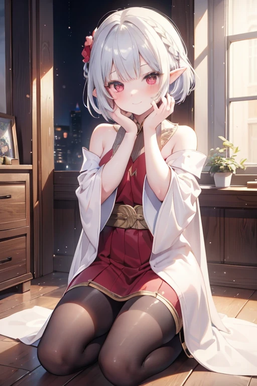 (masterpiece), one girl, elf, silver hair, red eyes, bob cut, braided hair, ((facing front)), ((putting both hands on one's face)), ((surprised)), (blush), fantasy style costume, wizard, robe, long skirt, tights, indoors, kneeling, concept art, beautiful anime scene, beautiful anime scenery, top rated on pixiv, top quality, 4K, smile 