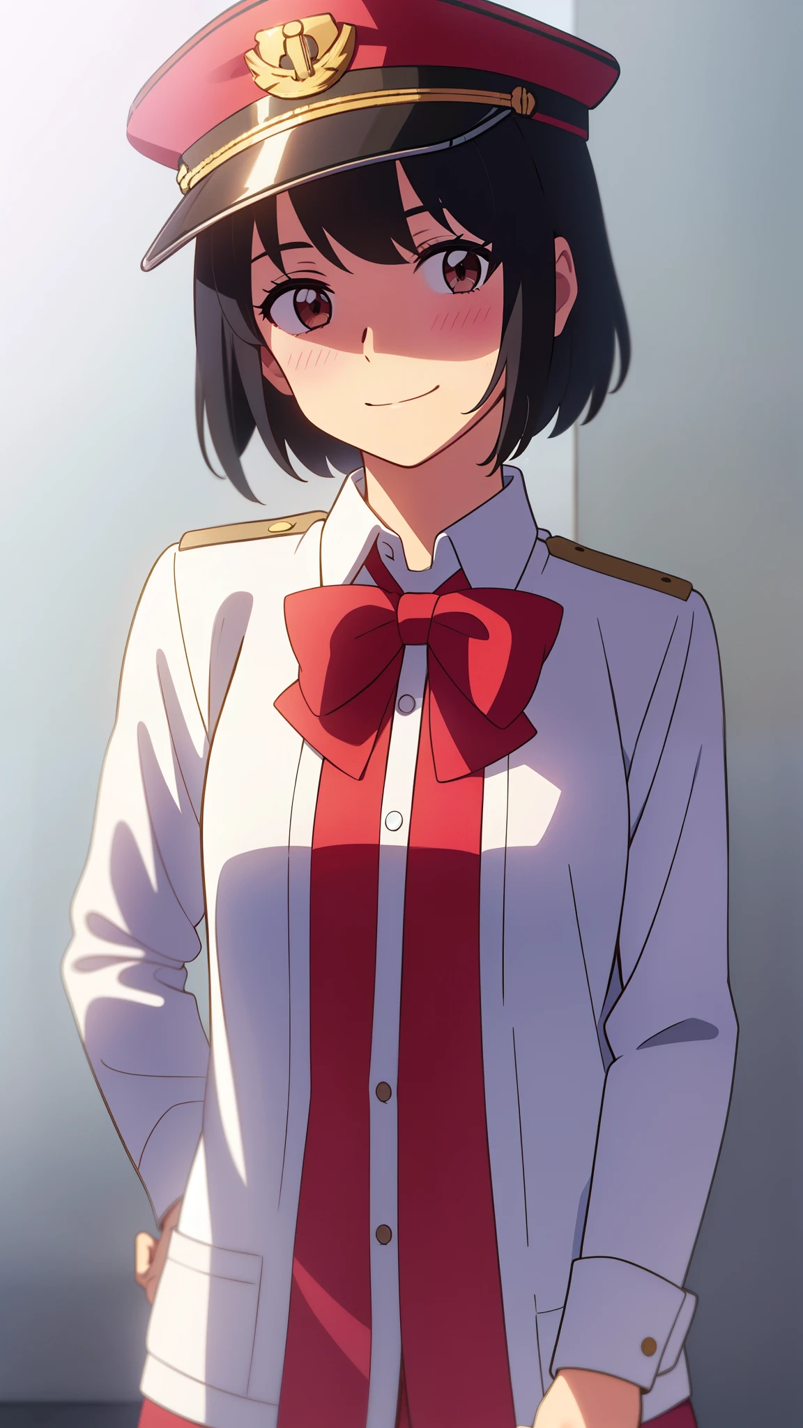 shinkai makoto, kimi no na wa., 1girl, bangs, black hair, blush, brown eyes, shinny skin, red headband, red ribbon, red bow, collared shirt, white shirt, white cardigan, cap worn by the Chief of the Maritime Self-Defense Force, looking at the viewer, short hair, cute, smile, solo, upper body, long sleeves, simple background