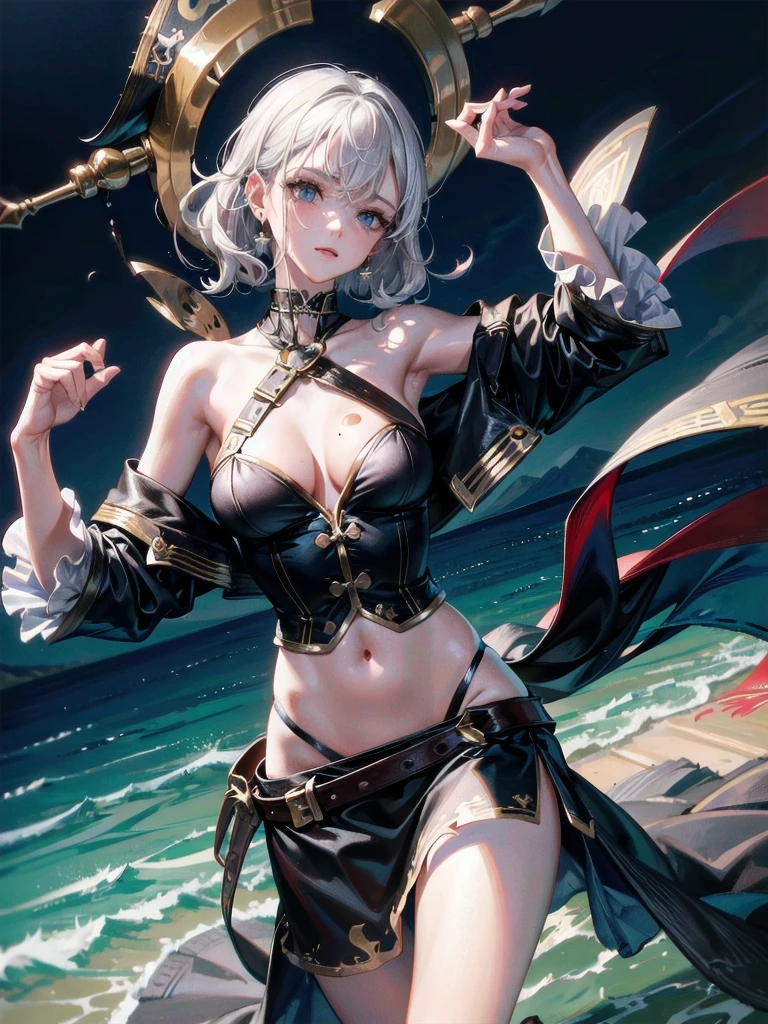 absurdres, RAW photo, extremely delicate and beautiful, masterpiece, Best Quality, ultra high resolution, 32k, hyperrealistic, ultra-detailed, perfect figure, tearful mole, earring, whole body shot, short medium hair, wavy hair, Practical pirate clothing, Long-sleeved pirate top, Skirt,Torn pirate hat,
