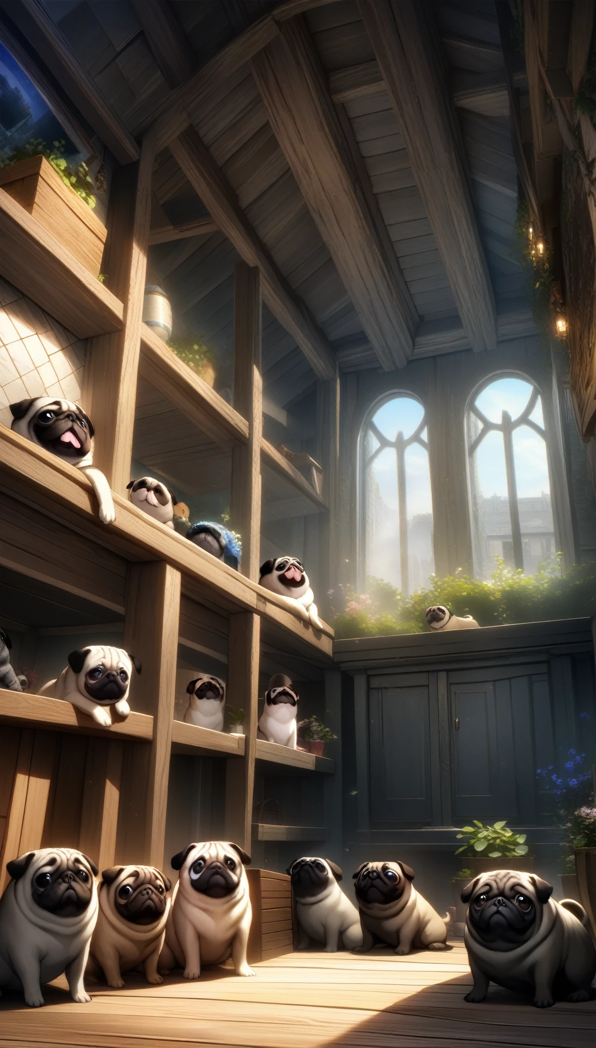 32k, best quality, ultra high res, HDR, UHD, extremely detailed CG, unity 32k wallpaper, Pug, There are a lot of them, Indoor room background, Looking up, 餌をねだるPug,