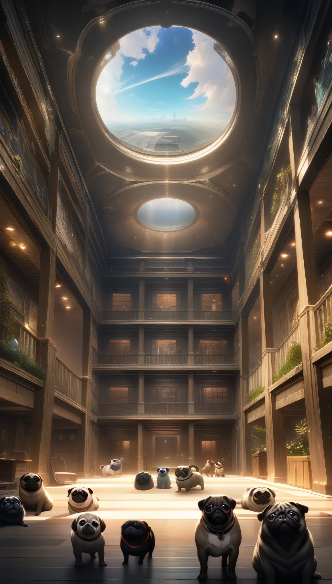 32k, best quality, ultra high res, HDR, UHD, extremely detailed CG, unity 32k wallpaper, Pug, There are a lot of them, Indoor room background, Looking up, 餌をねだるPug, 